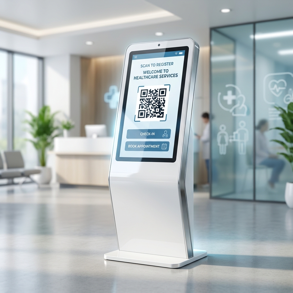 Totem de autogestión de turnos médicos en sala de espera con código QR